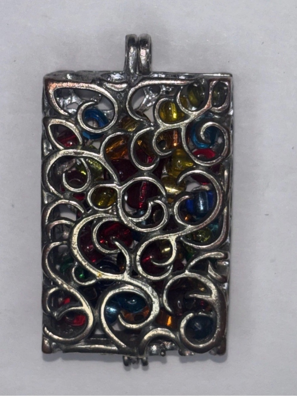 Vintage Filigree Bead Cage Pendant Opening Silver Tone Multicolor Glass Beads